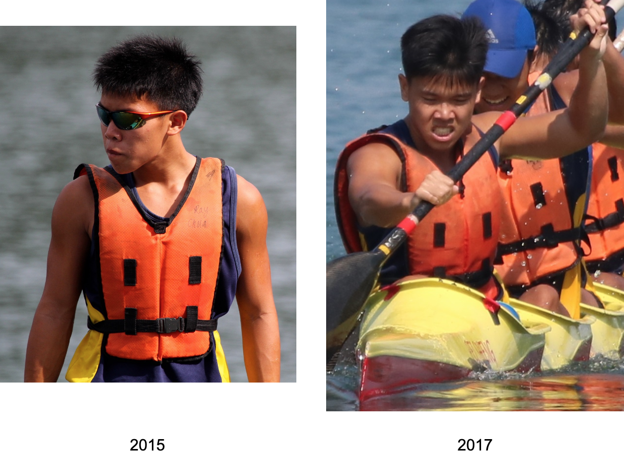 Two photos from 2015 and 2017 of a young man in an orange life vest, paddling a kayak on water.